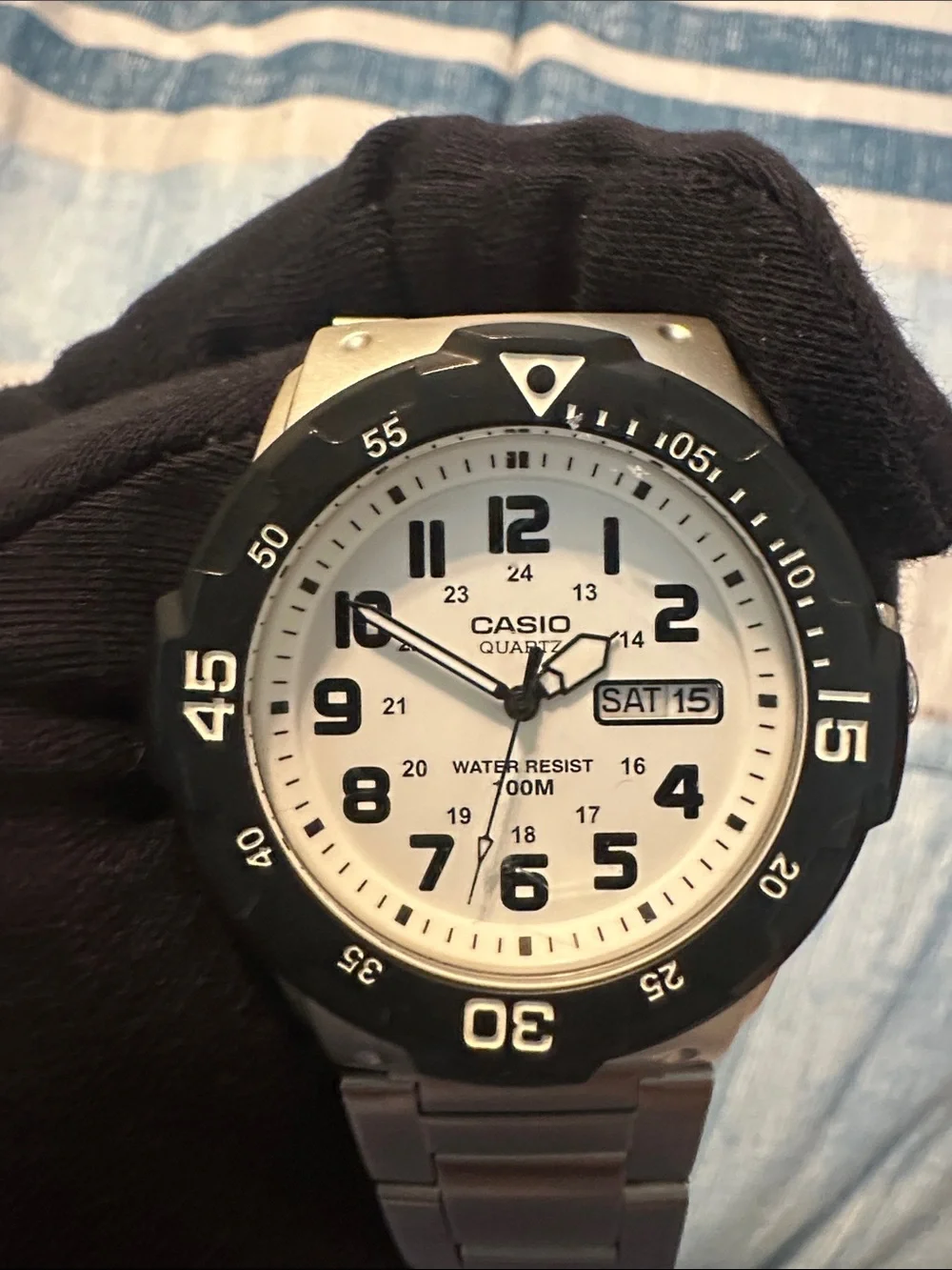Casio Men's Silver Watch with White Dial and Black Bezel